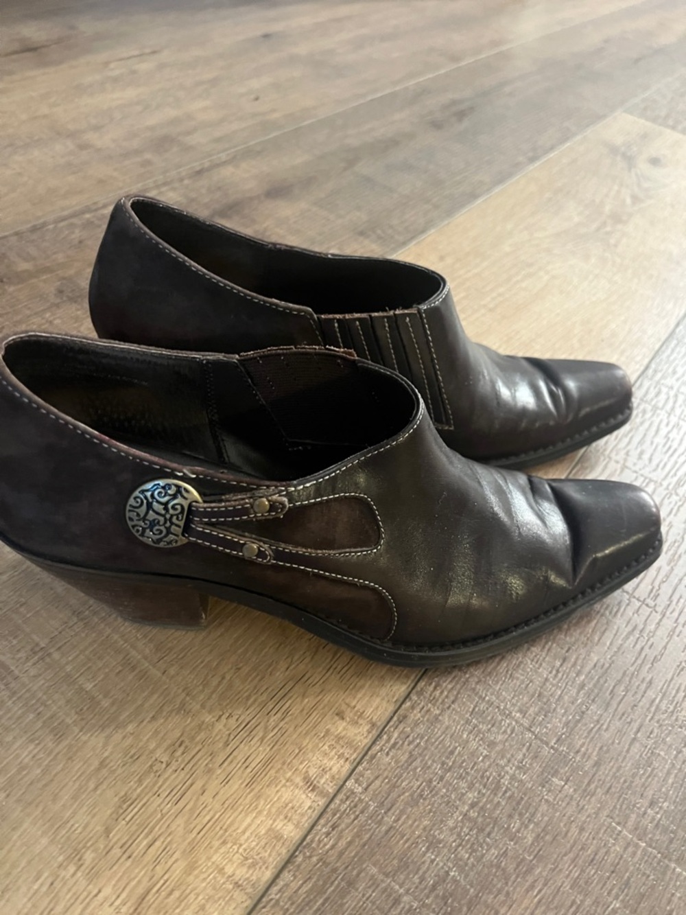 Women's Dark Brown Leather Slip-On Heels with Decorative Button